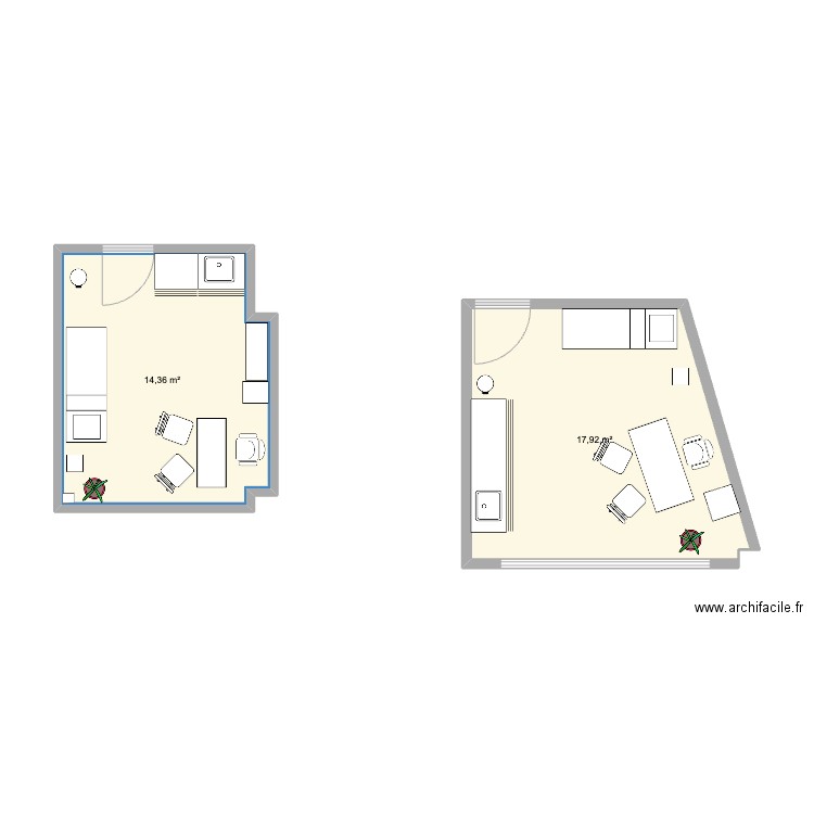 Bureaux. Plan de 2 pièces et 32 m2