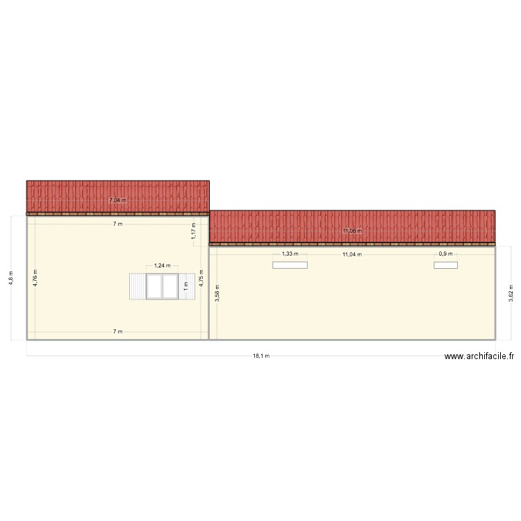 Façade nord. Plan de 2 pièces et 73 m2