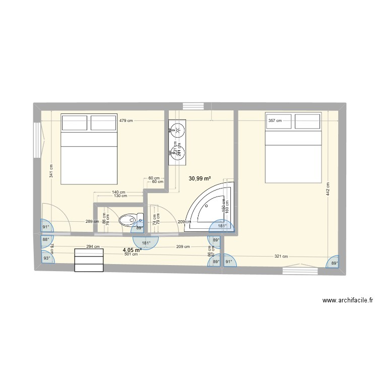 Extension Maison. Plan de 2 pièces et 35 m2