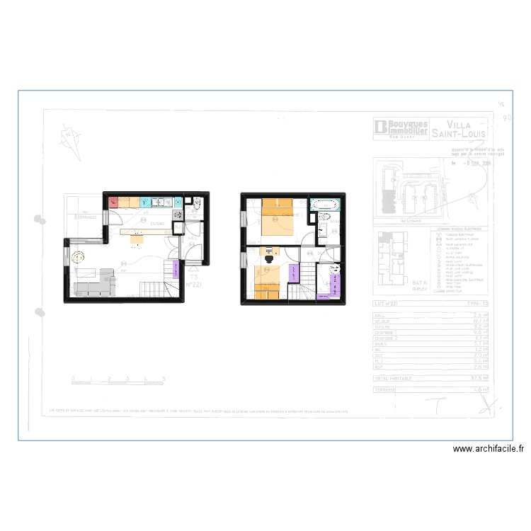 Appart complet. Plan de 6 pièces et 61 m2