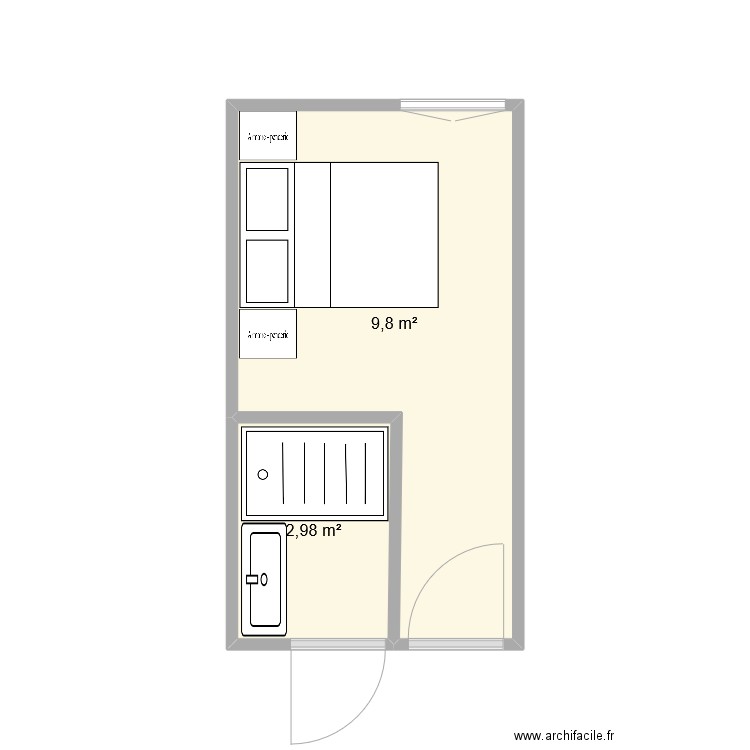 Chambre / Salle de bain VD. Plan de 2 pièces et 13 m2