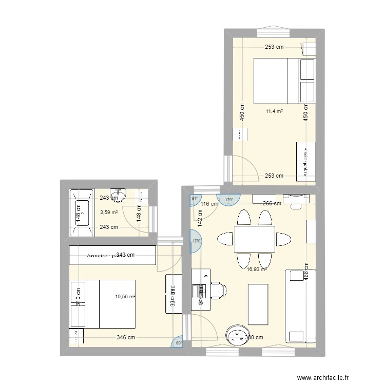 appartement . Plan de 4 pièces et 42 m2