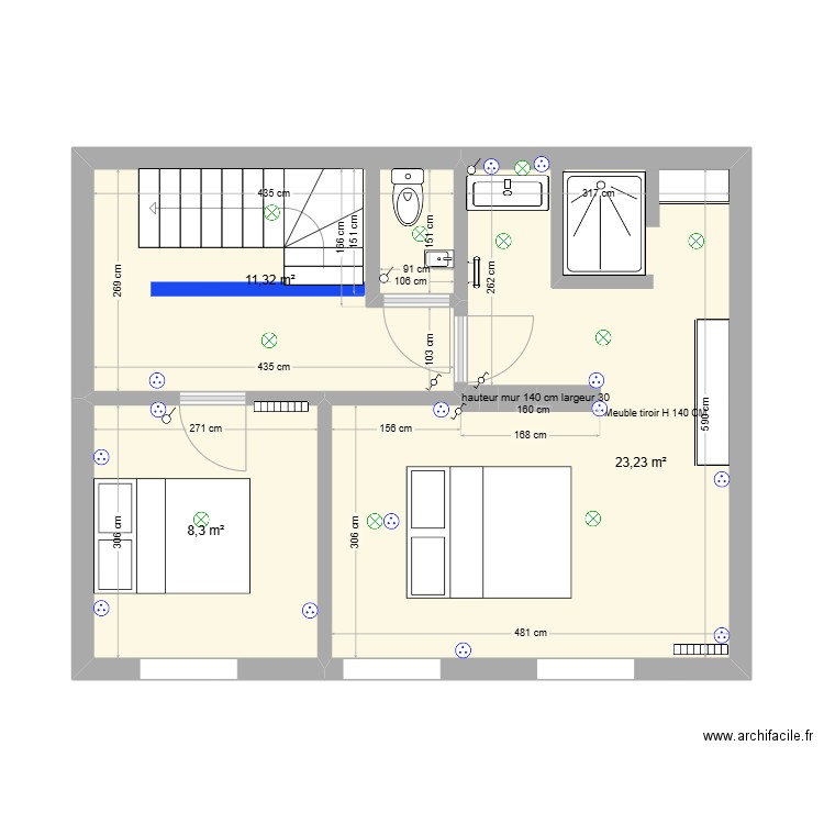 R+1 ELECTRICITE DOUCHE MODIF 2. Plan de 3 pièces et 43 m2