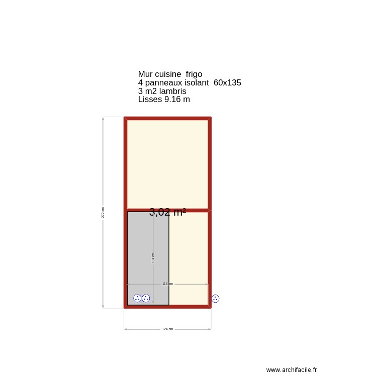 mur sejour sud  cuisine . Plan de 1 pièce et 3 m2