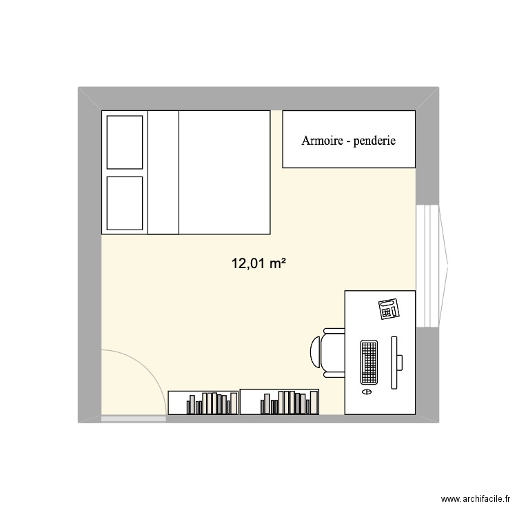 chambre. Plan de 1 pièce et 12 m2