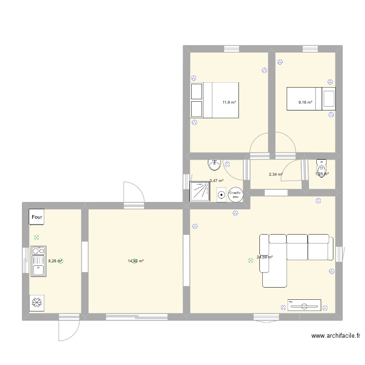 plan architectural a compléter uniquement eclairages pour les pieces suivantes : Chambres, salle de bain, WC, couloir, salon, salle à manger et cuisine. Plan de 8 pièces et 76 m2