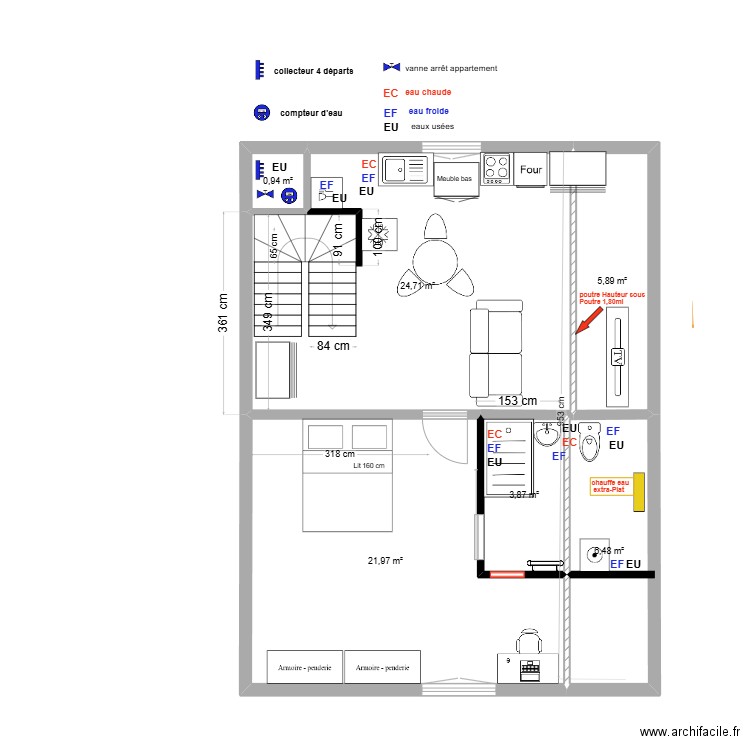 immeuble1 3ème Plomb V3 T2 . Plan de 6 pièces et 64 m2