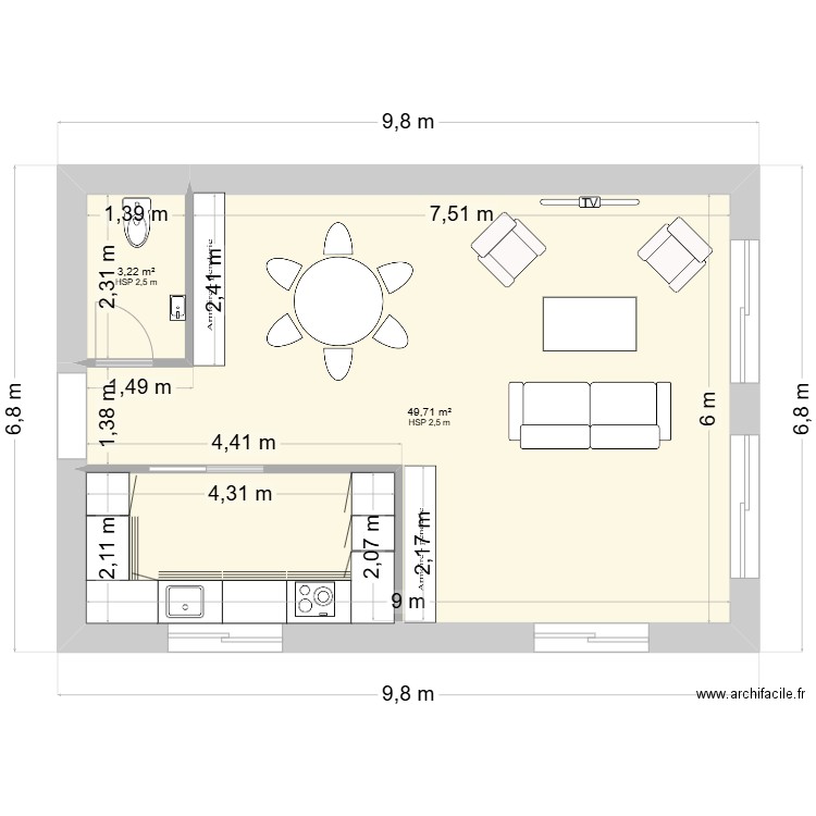 Etage extension DEUIL. Plan de 2 pièces et 53 m2