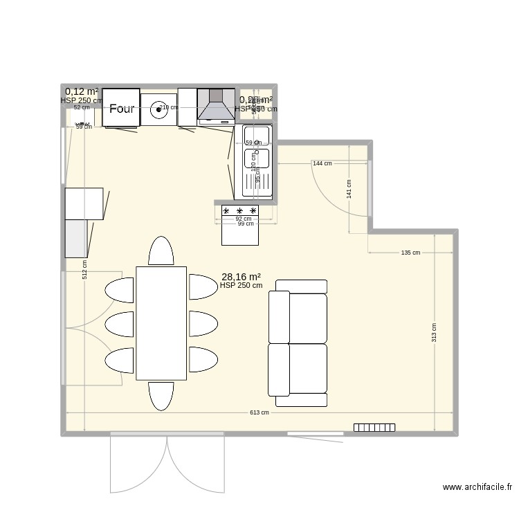 cuisine. Plan de 3 pièces et 29 m2