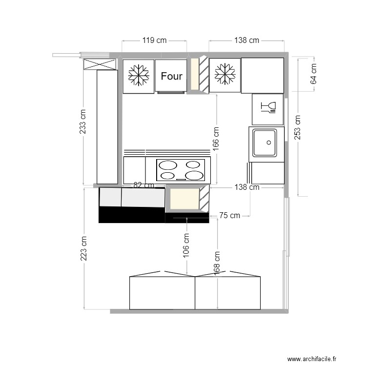 Cuisine V3. Plan de 2 pièces et 0 m2