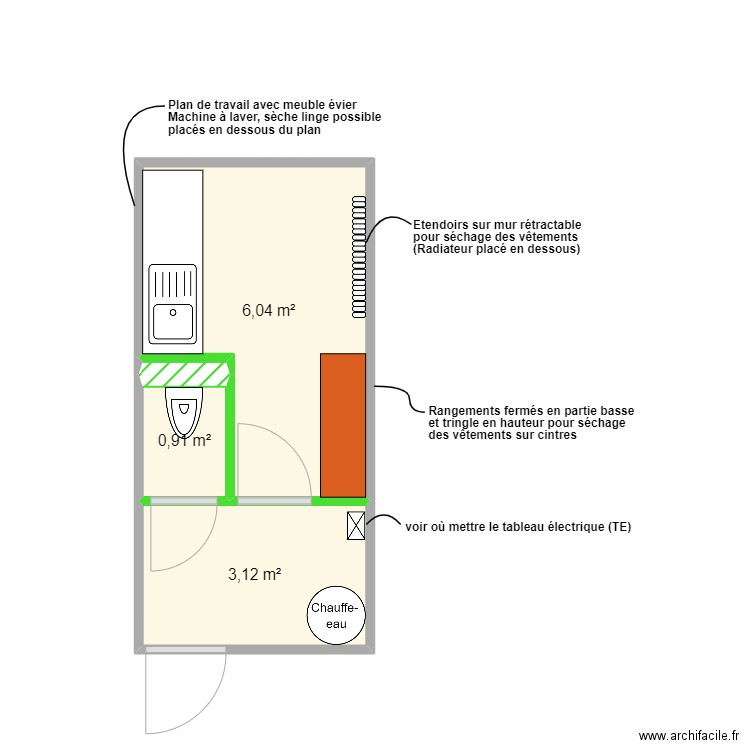 PROJET VICTOR HUGO - BUANDERIE WC. Plan de 3 pièces et 10 m2