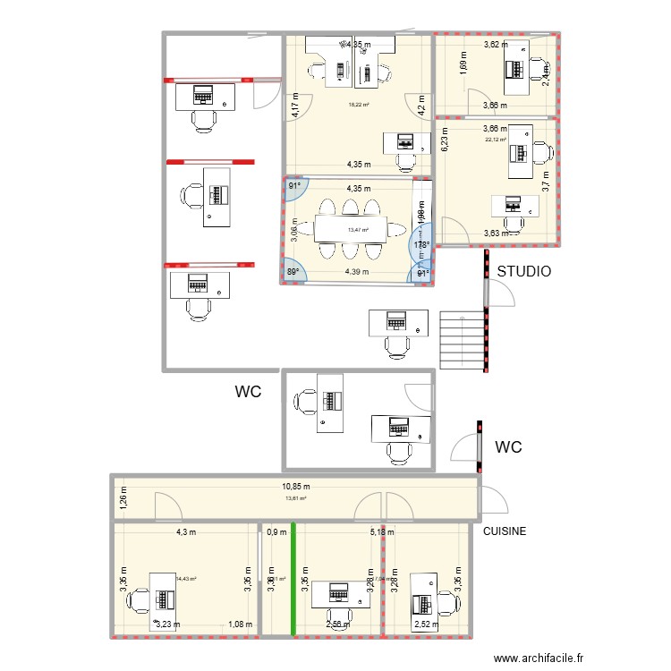 plan futurs bureaux. Plan de 7 pièces et 102 m2