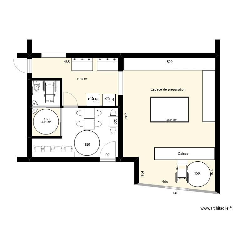 la pate à pizza. Plan de 3 pièces et 52 m2