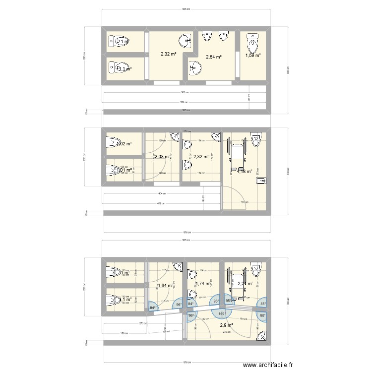 Toilette actuelle. Plan de 16 pièces et 30 m2