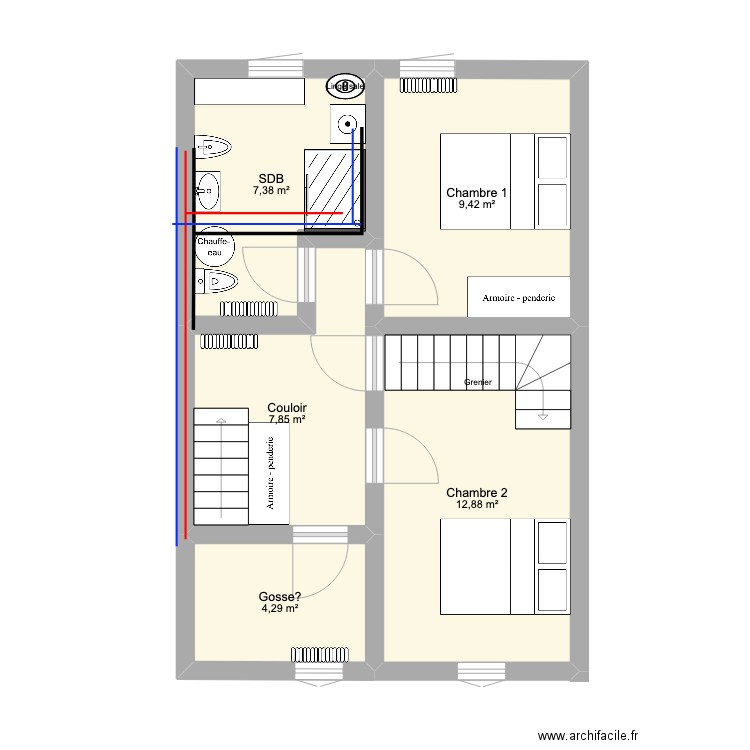 1ere maison 1er. Plan de 5 pièces et 42 m2