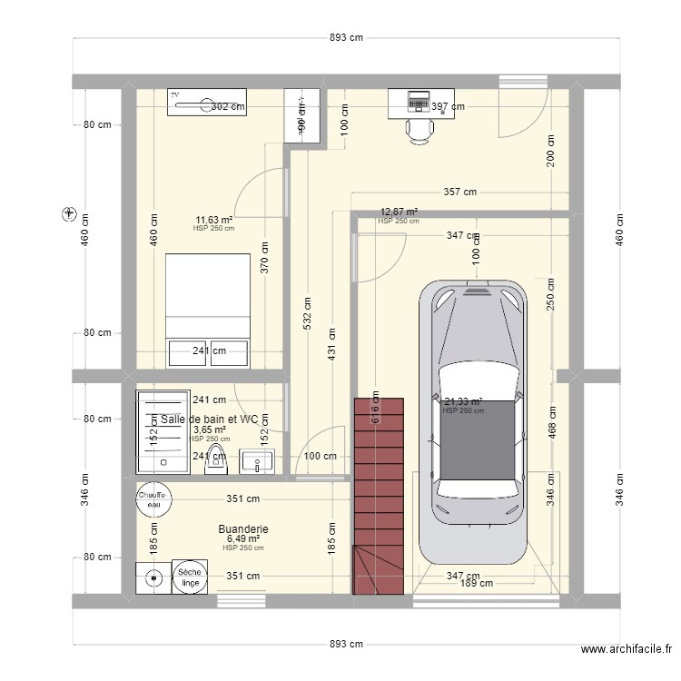 Sous Sol . Plan de 5 pièces et 56 m2