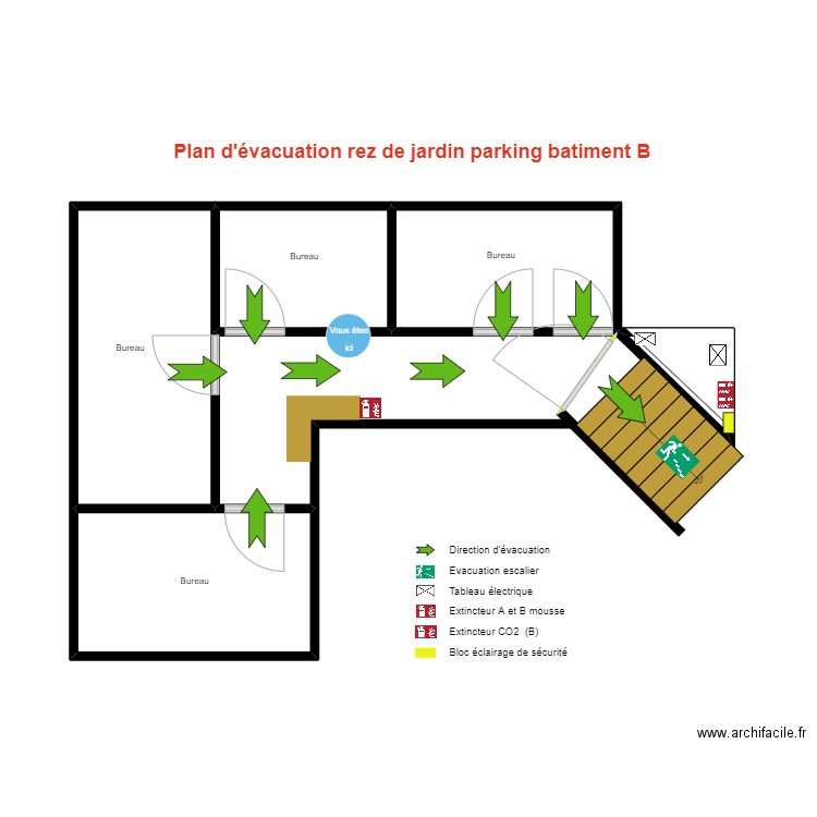 Plan d'évacuation rez de jardin parking. Plan de 5 pièces et 23 m2