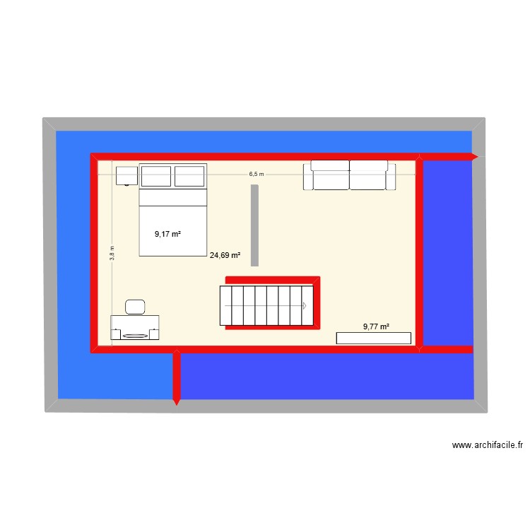 greniers. Plan de 3 pièces et 44 m2