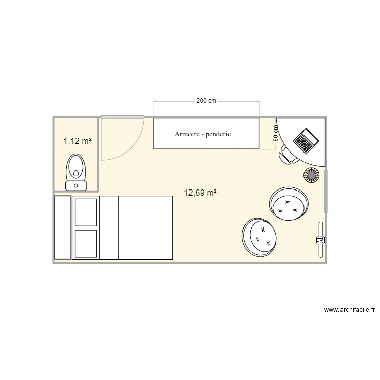 Chambre Marylou. Plan de 2 pièces et 14 m2