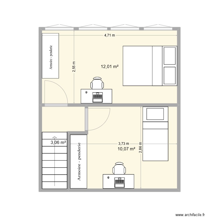 Doudeville APT2 étage 2. Plan de 3 pièces et 25 m2