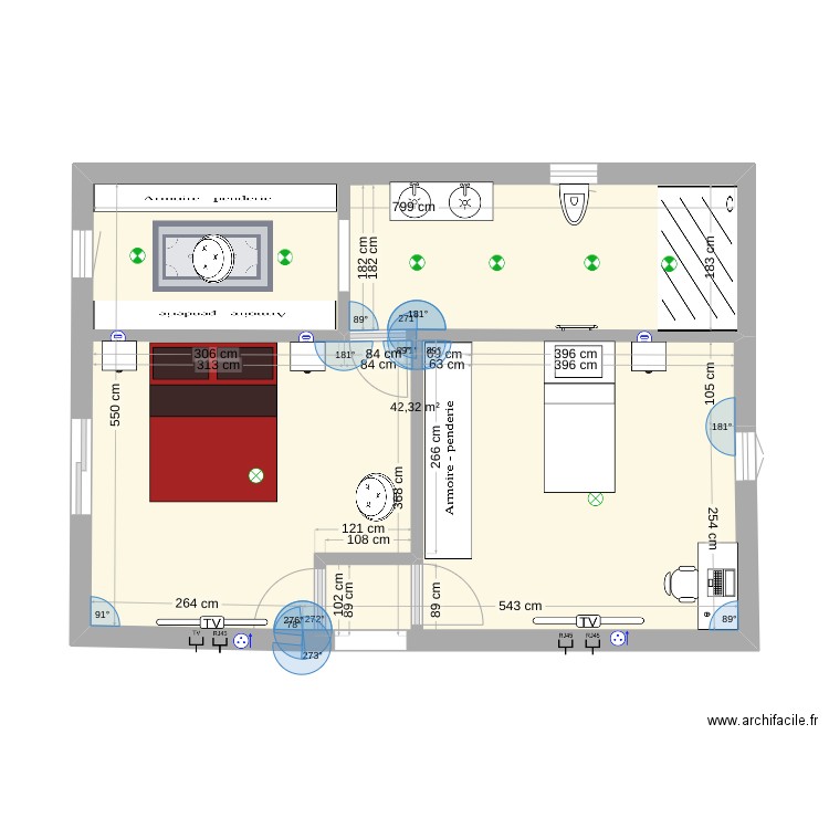 Hypothèse 2. Plan de 1 pièce et 42 m2