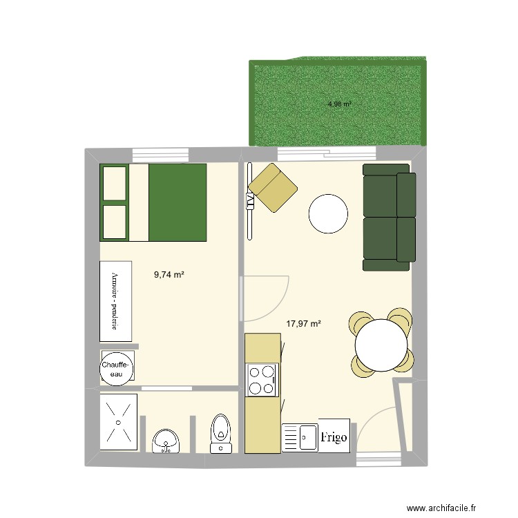 projet lagon. Plan de 2 pièces et 28 m2