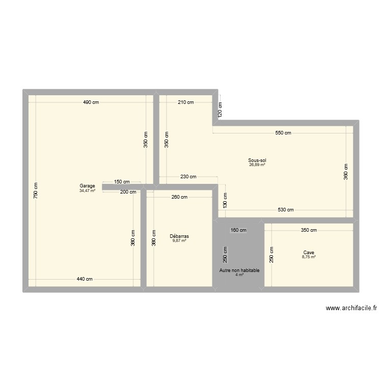 Sous sol. Plan de 5 pièces et 84 m2