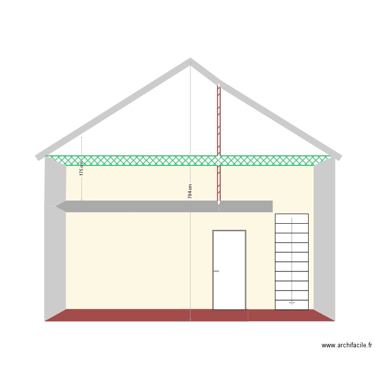 Hauteur plancher étage et poutre médiane. Plan de 2 pièces et 24 m2