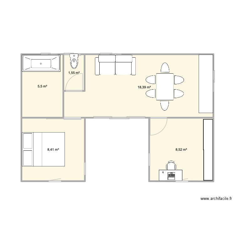 T2 modulaire. Plan de 5 pièces et 42 m2