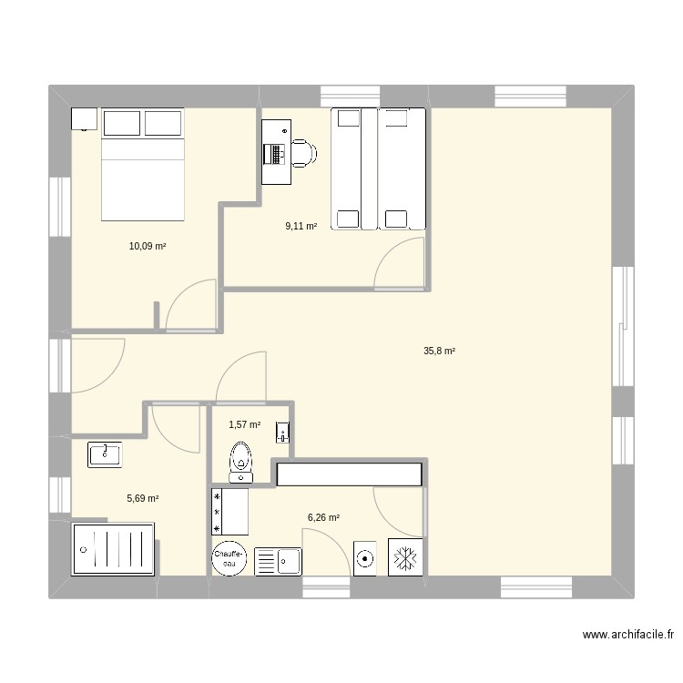 Isa68m.v1. Plan de 6 pièces et 69 m2