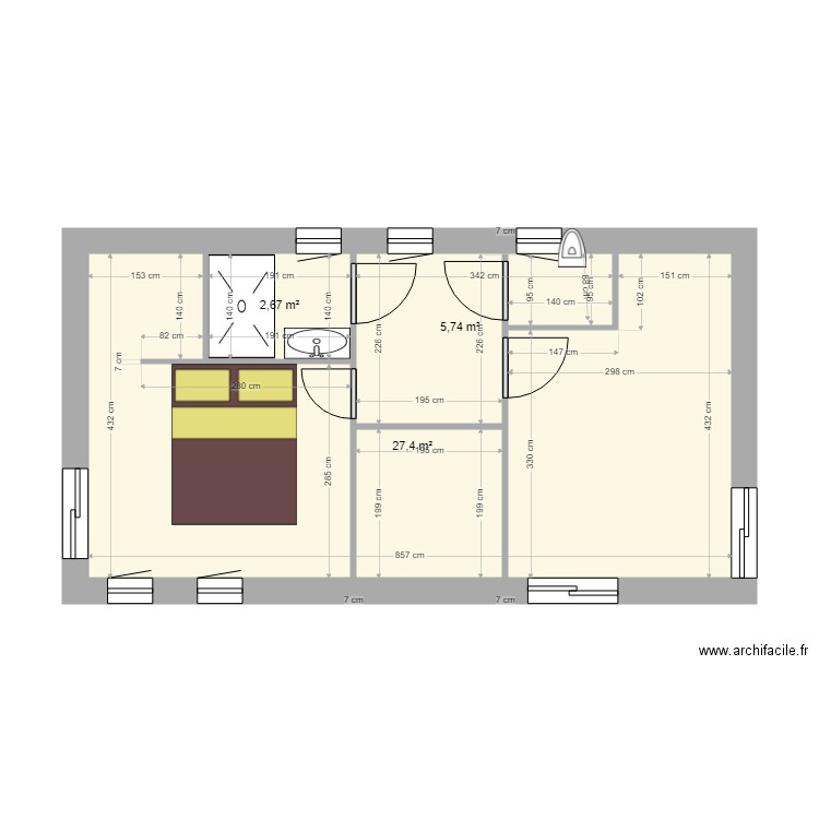 Vaux étage. Plan de 3 pièces et 36 m2