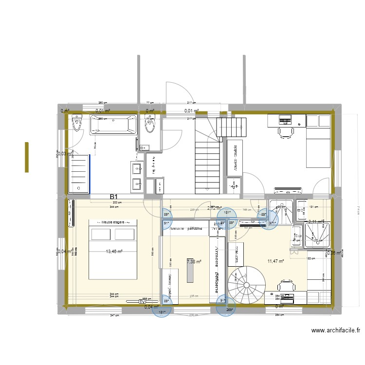 Maison Rouret - R+1 test chambres V2. Plan de 14 pièces et 37 m2