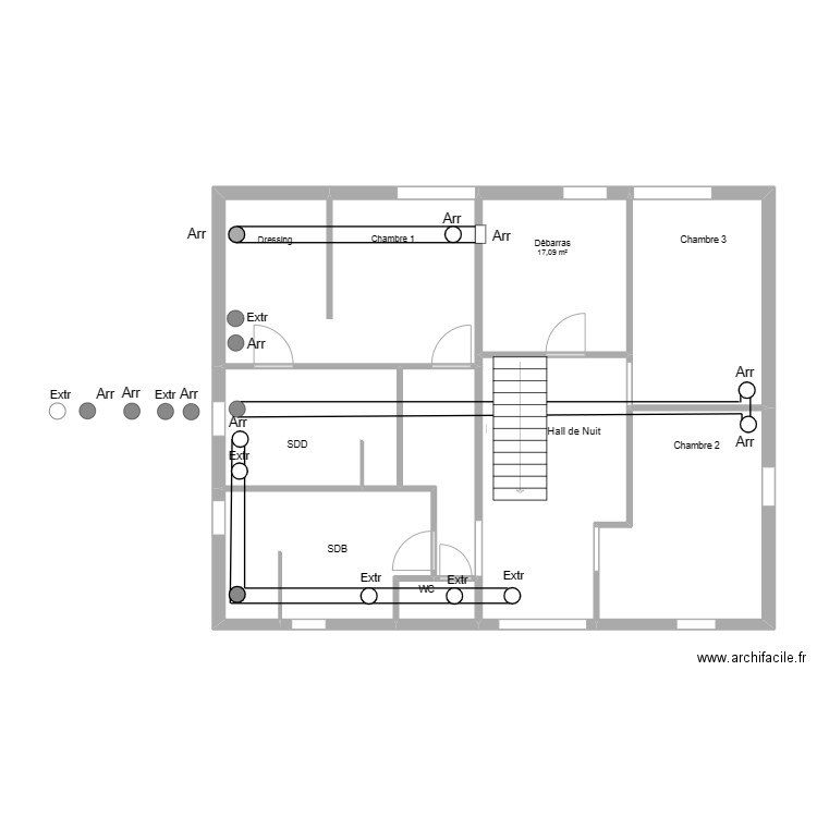 vmc etage 1. Plan de 9 pièces et 90 m2