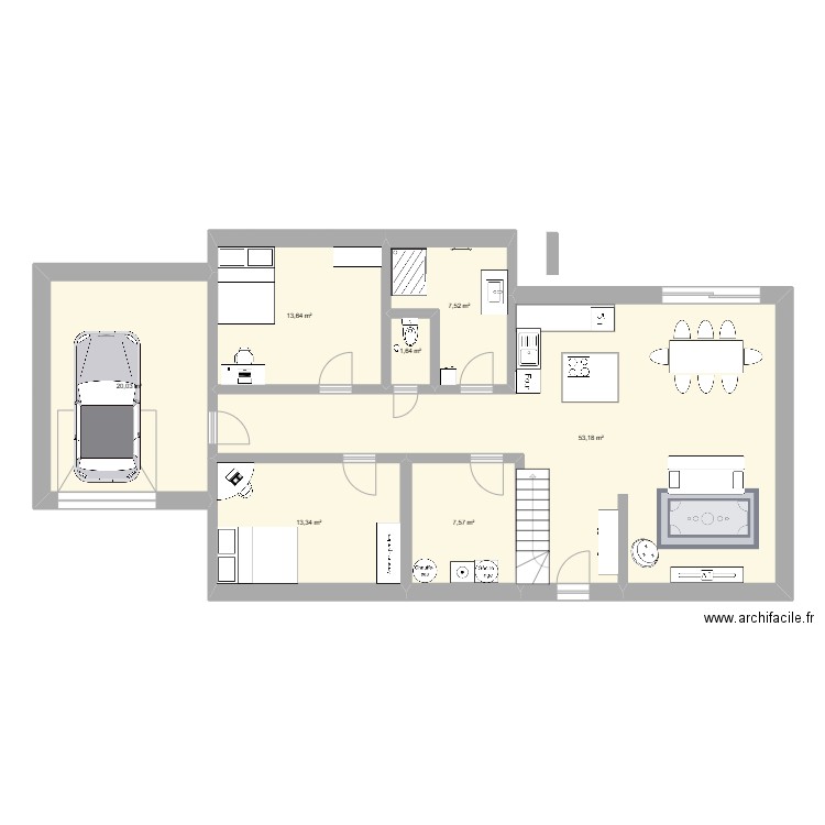 rdc. Plan de 7 pièces et 117 m2