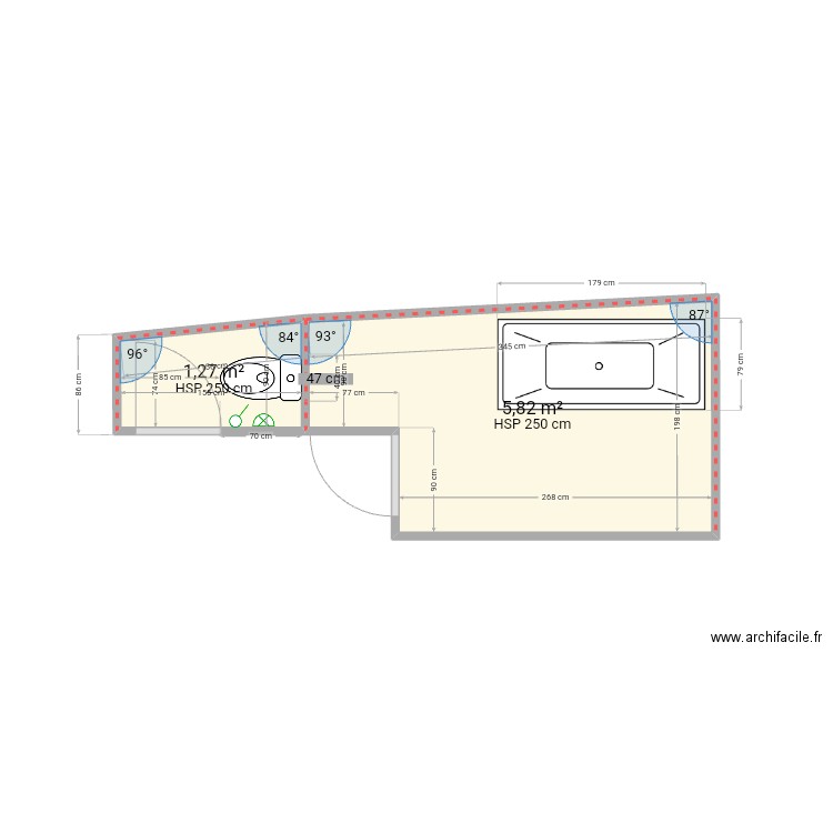 wc    salle de bain. Plan de 2 pièces et 7 m2