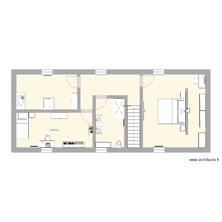 Etage Clairoix. Plan de 2 pièces et 67 m2