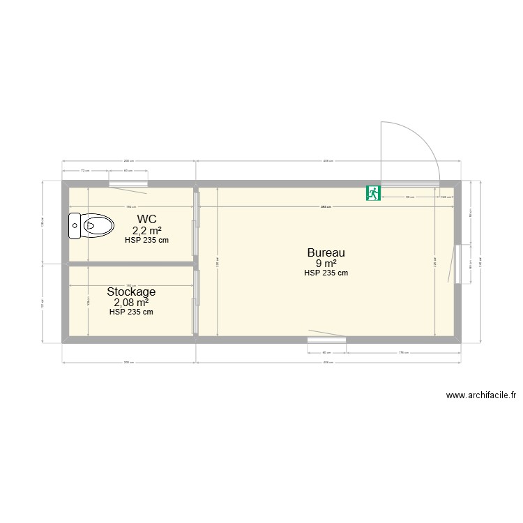 Bureau avec WC - 14m². Plan de 3 pièces et 13 m2