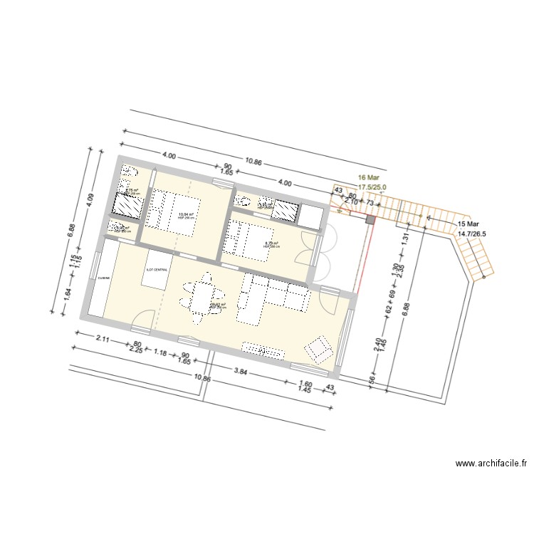 ENSUES RDC. Plan de 6 pièces et 58 m2