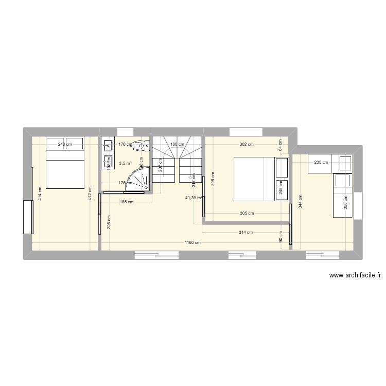 vars ETAGE. Plan de 2 pièces et 45 m2