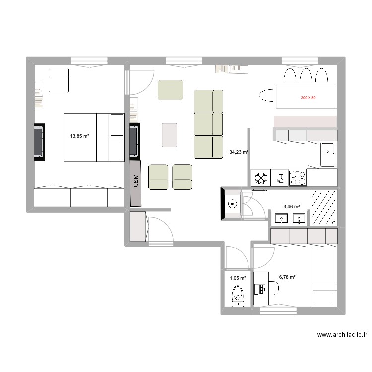 charlot 3. Plan de 6 pièces et 60 m2