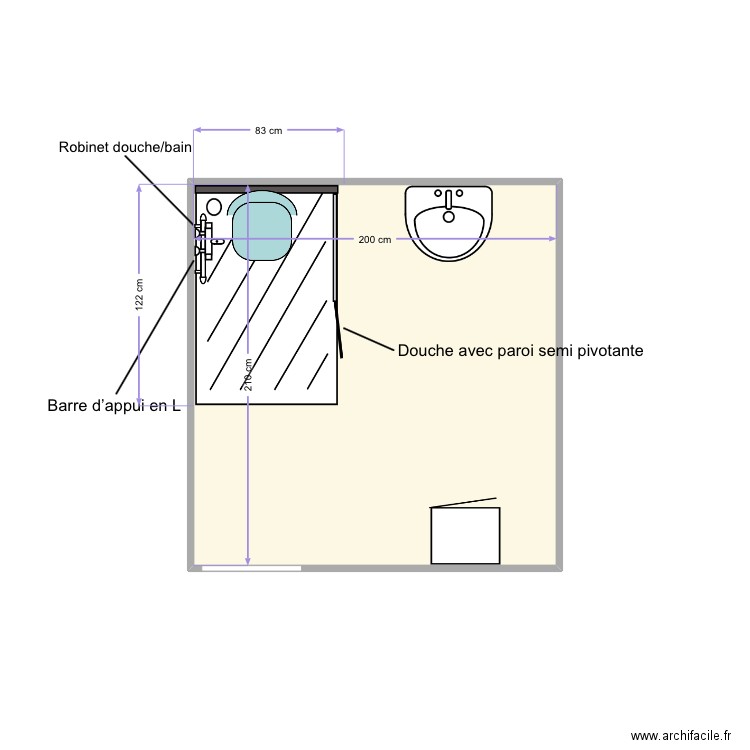 Douche . Plan de 1 pièce et 4 m2