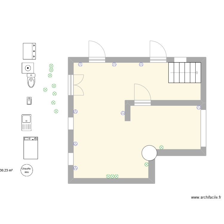 souillarde. Plan de 1 pièce et 30 m2