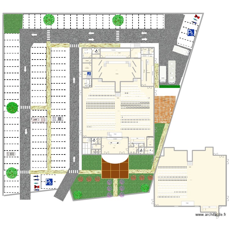 Salle de spectacle. Plan de 31 pièces et 1415 m2