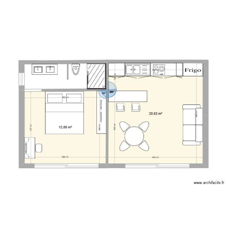 BUNGALOW. Plan de 2 pièces et 34 m2