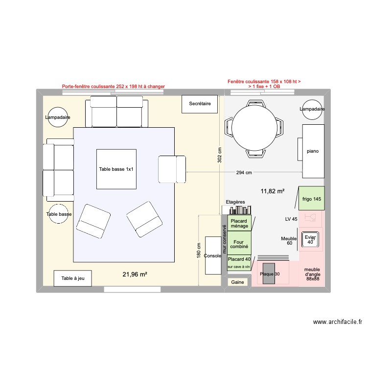 solution 1ter + vaisselier. Plan de 3 pièces et 34 m2