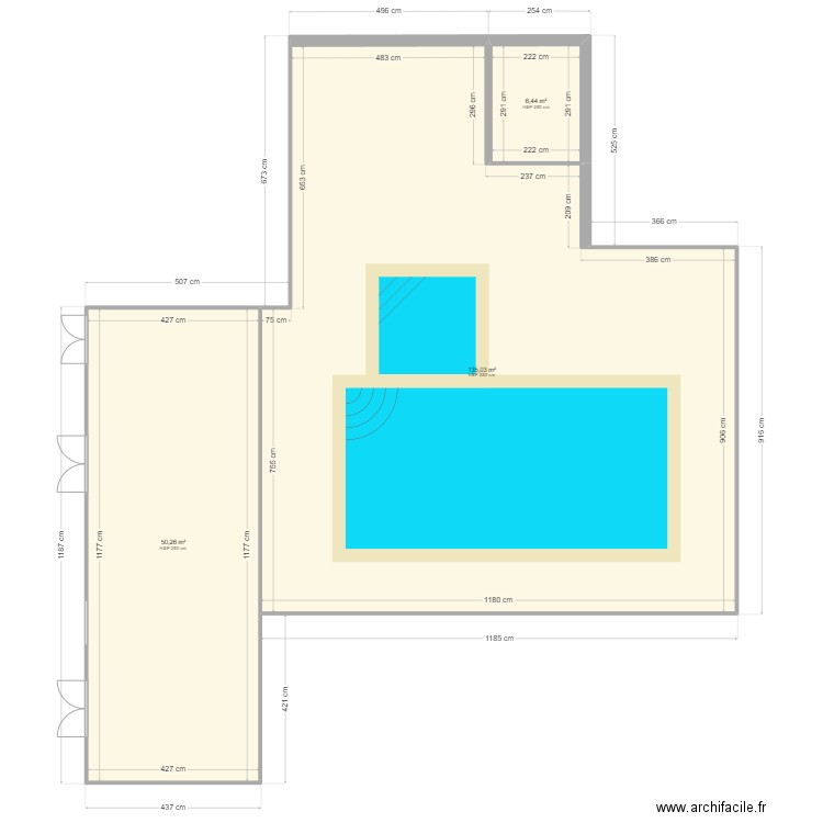 implantation Piscine. Plan de 3 pièces et 192 m2