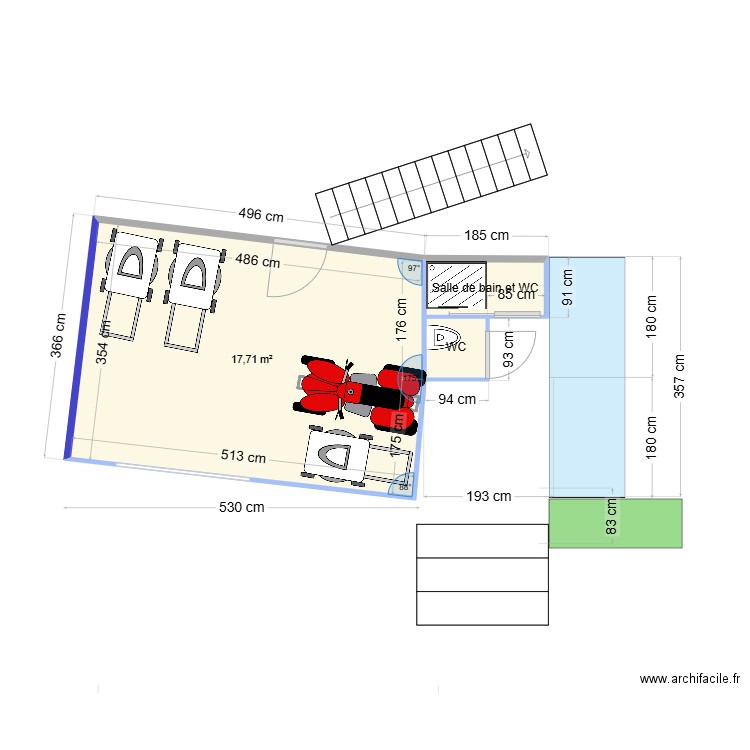 gudang. Plan de 3 pièces et 20 m2