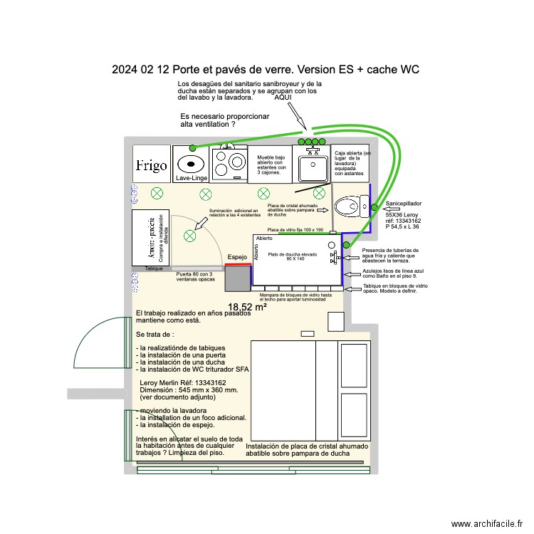 2024 02 12 avec porte et bloc de verre Version ES +Cache wc. Plan de 1 pièce et 19 m2