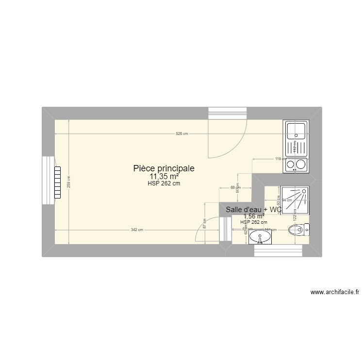 39 moulin. Plan de 2 pièces et 13 m2