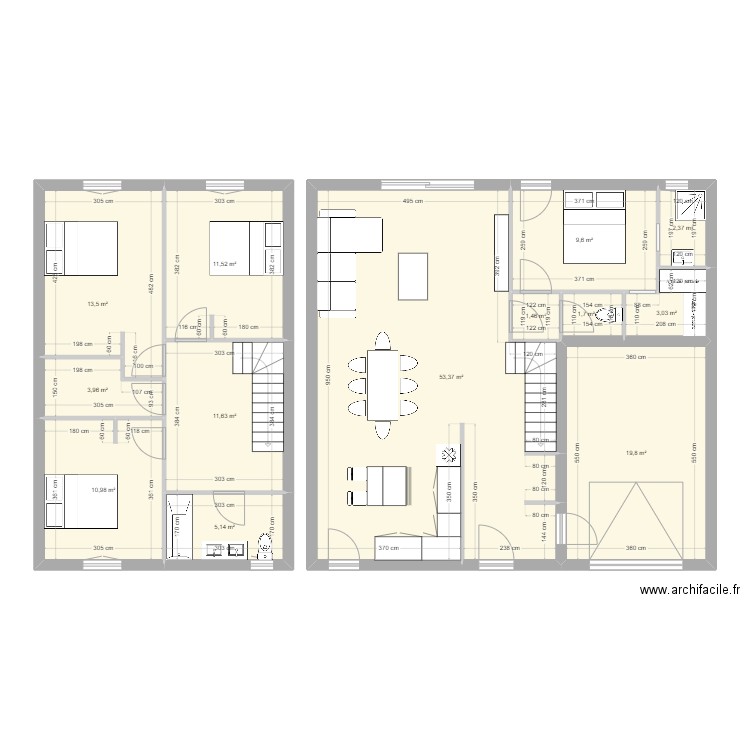 Maison 1 - 2 faces - 12x10,5. Plan de 13 pièces et 148 m2